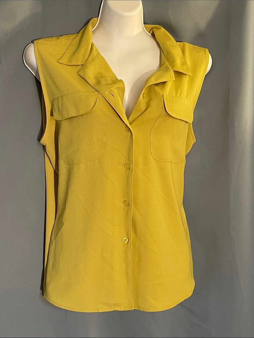 Bright Yellow Sleeveless Button-Down Shirt with Chest Pockets